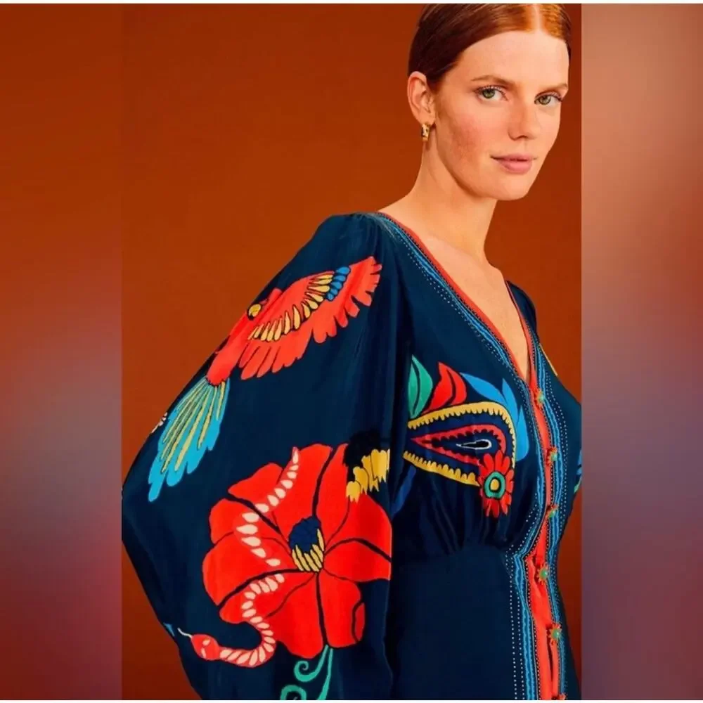 NWT FARM Rio Blue Vintage Forest Dress Printed Blue Silky Viscose Size XL - Picture 3 of 16